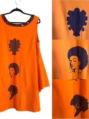 Ashro Linen Blend Statement Top - Bold Orange | Afrocentric Art | Size M